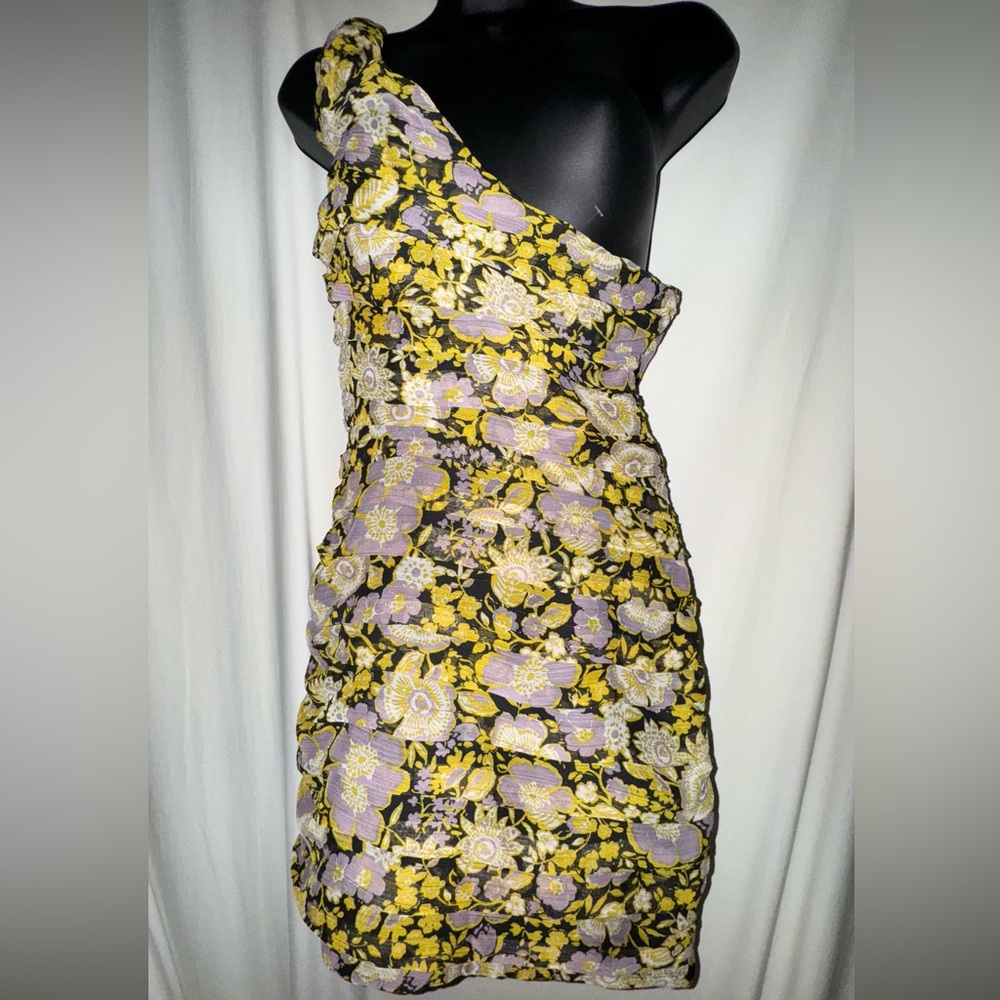 Floral One Shoulder Mini Dress with Metallic Golden Highlights
